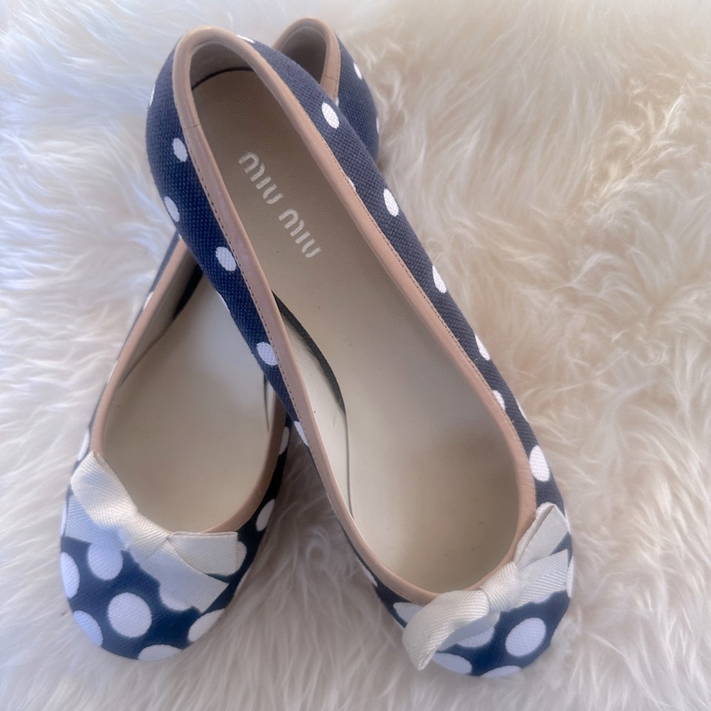Miu Miu Navy Blue / Cream  Canvas Polka Dot Espadrille Bow Flats Size 37